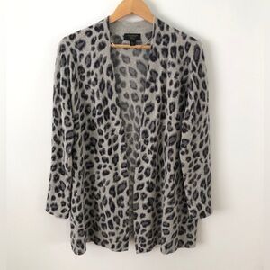 Women's Charter Club Gray Leopard Print Cashmere Long Sleeve Open Cardigan L
